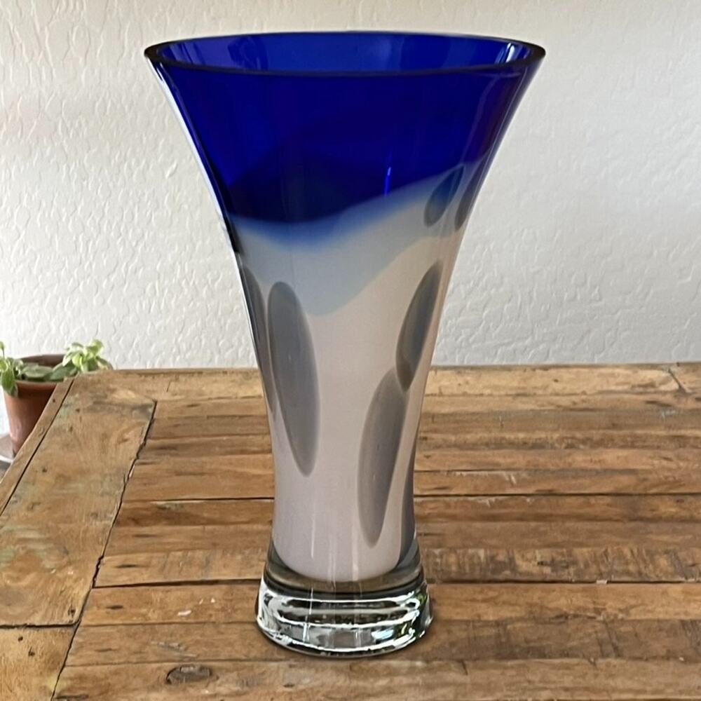 Makora Cobalt Blue Trim Hand-blown Glass Vase 12.5" Tall Made in Poland - Picture 2 of 13